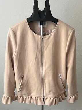 BLVD Faux Suede Ruffle Hem Jacket Blush Pink Collarless Zip Coat Medium M